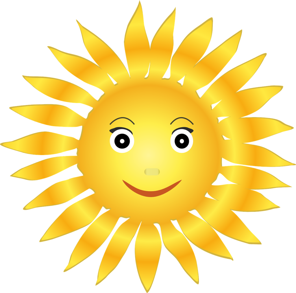 Smiling cartoon sun with bright yellow rays