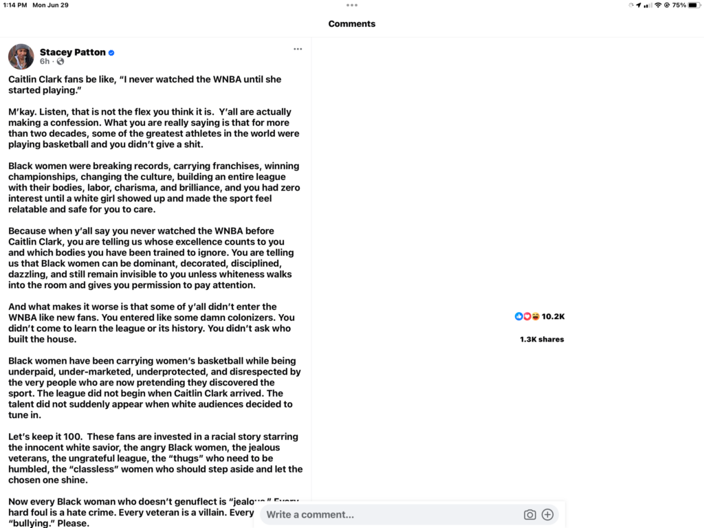 Facebook post discussing Caitlin Clark and WNBA controversy