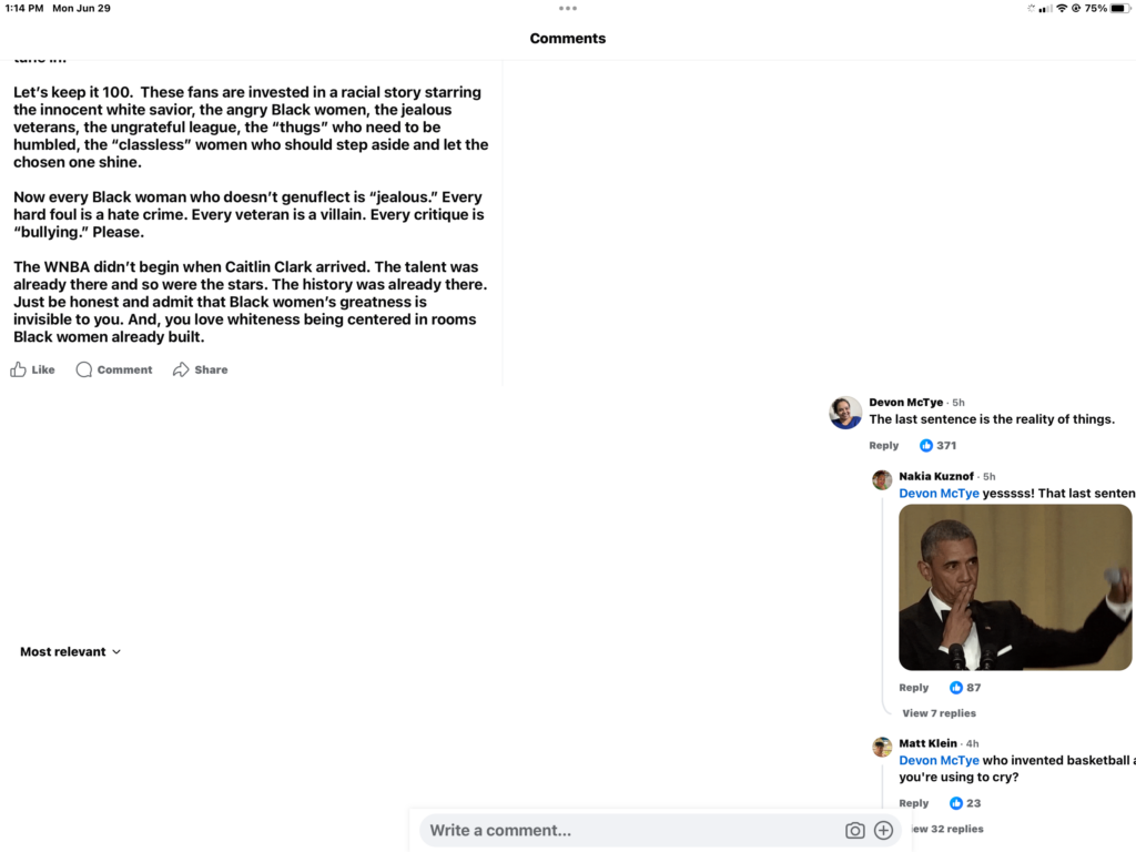 Screenshot of social media comments discussing WNBA race controversy
